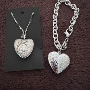 Silver Tone Heart Locket Jewelry Set - Necklace & Bracelet